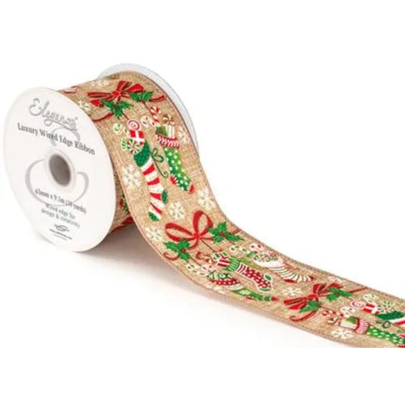 Wired Edge Natural Burlap Ribbon 63mm x 9.1m – Stockings