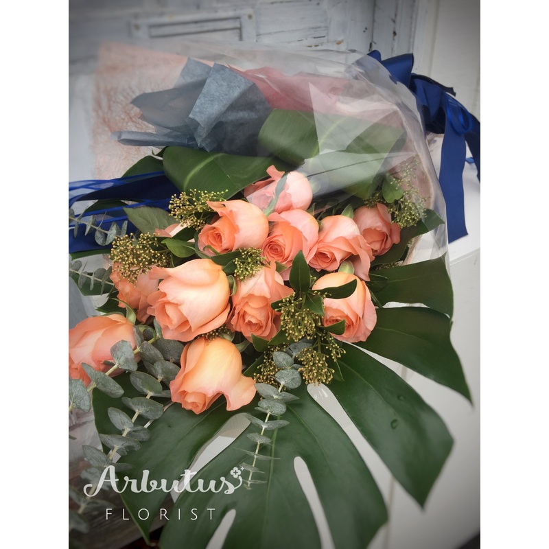 Dozen Peach Rose Bouquet-Standard Wrapping & Premium Wrapping