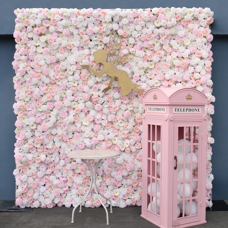 5D White Pink Rose Peony Cloth Artificial Flower Wall Roll Up Curtain Fabric Floral Wall Birthday Party Wedding Backdrop Decor A619 A7074 A7447