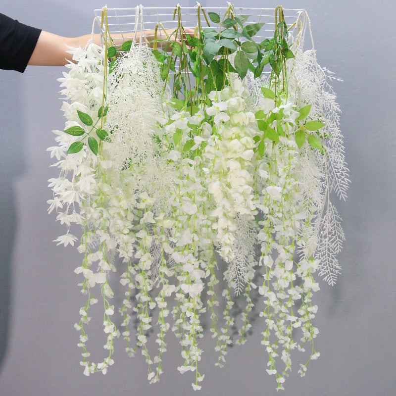 A231 A7428 Wisteria Plants Vine With Iron Mesh Panel Backdrop Wall Hang Rattan