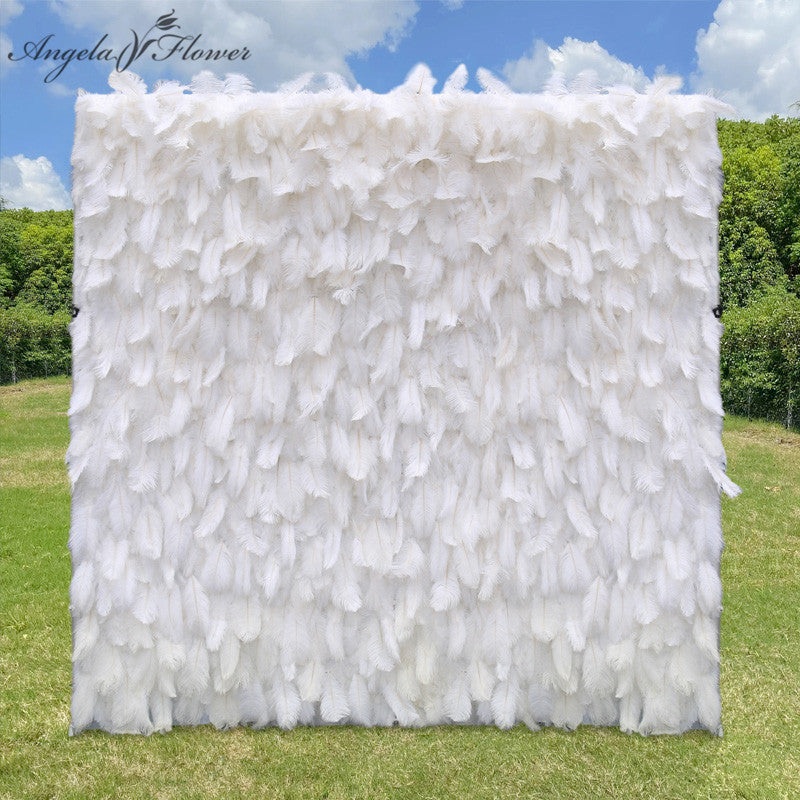 A7422 3D White Feather Fabric Rolling Up Curtain Flower Wall Wedding Event Decor