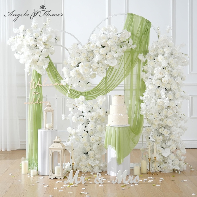 A7508 White Rose Palm Cherry Blossom Artificial Flower Row Wedding Arch Backdrop