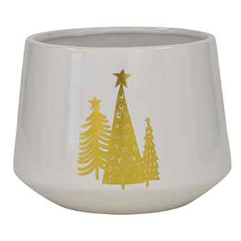 C1412 – 4.75 Round White Ceramic Pot with Gold Christmas Trees – Each