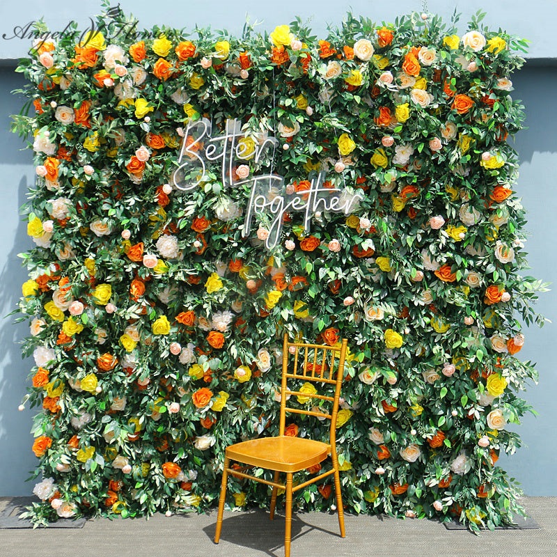A7609 Yellow Orange Cloth Roll Up Flower Wall AWedding Backdrop Decor