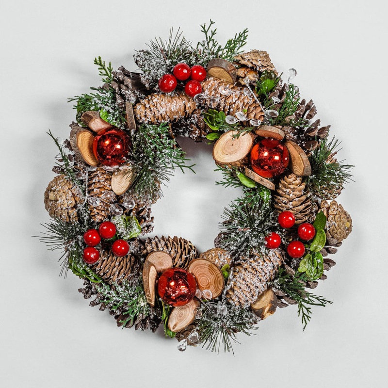 Snowy Red Bauble Wreath-30 cm