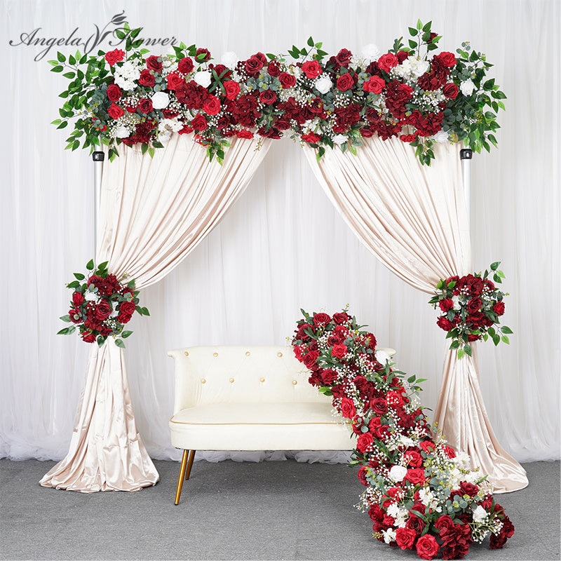 A7174 A7673 Burgundy Rose White Baby Breath Grass Wedding Arch Red Flower