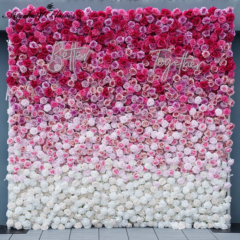 A7703 5D Rose Pink White Gradient Rolling Up Fabric Curtain Cloth Flower Wall