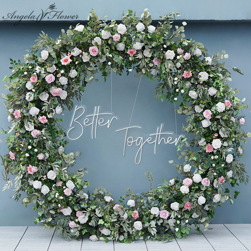 A7736 Colorful Rose Green Eucalyptus Leaves Arch Wedding Background