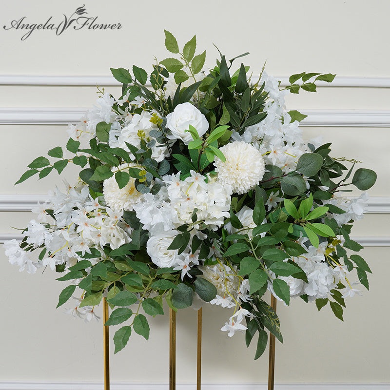 A7742  White Rose Pompom Green Leaf Wedding Table Centerpieces Floral Ball