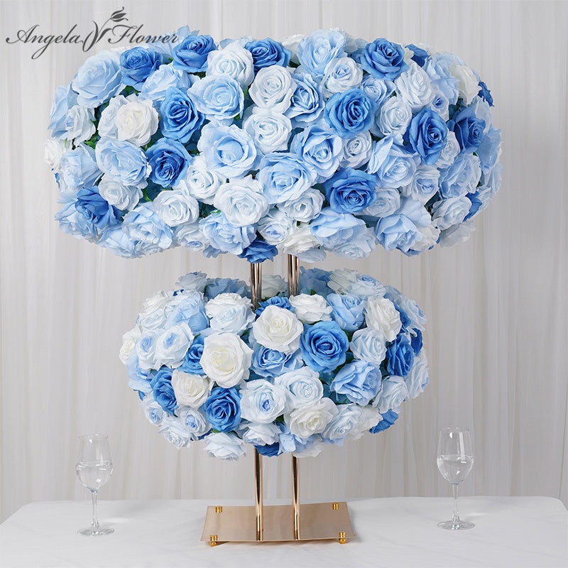 A7754 White Roses Dark Blue Floral Arrangement Wedding Table Run Floral Row Decorated
