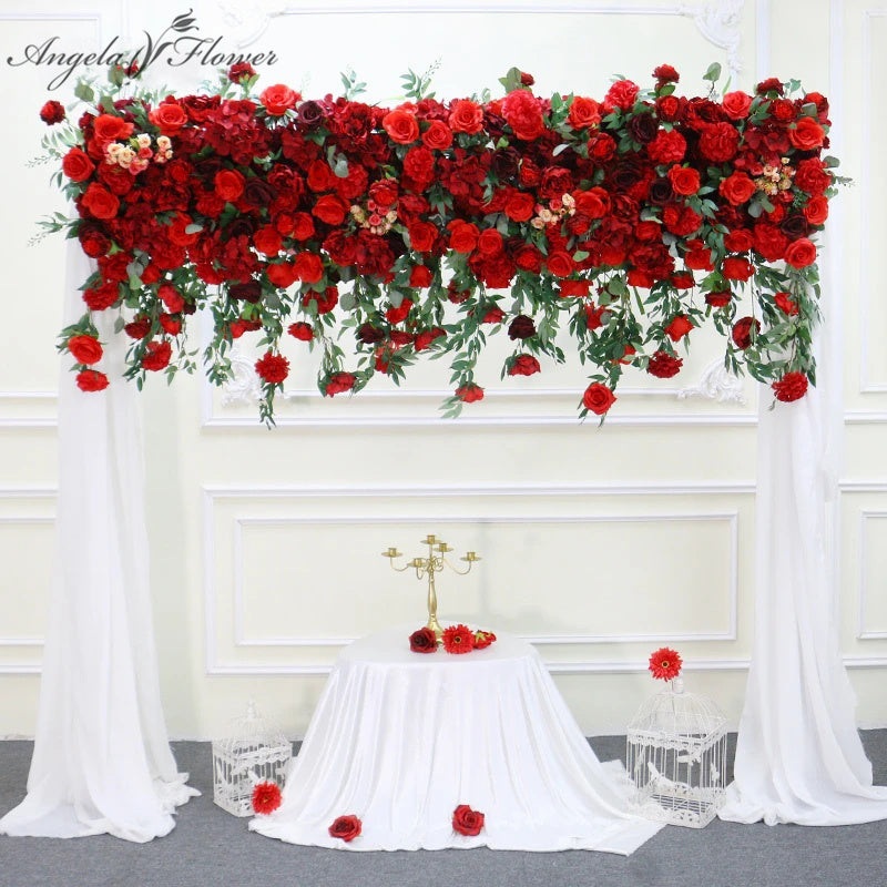 A7762 Luxury Red Flower Wall With Hanging Willow Leaves Wedding Decoration