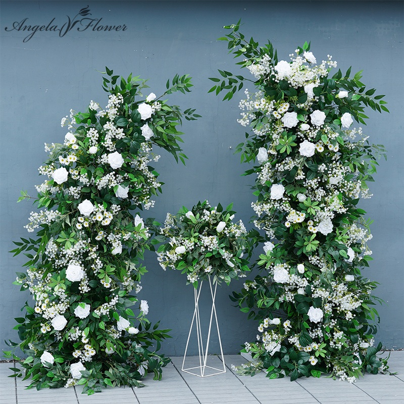 A7768 White Rose Dandelion Green Leaf Aangular Arch Wedding Background Flower