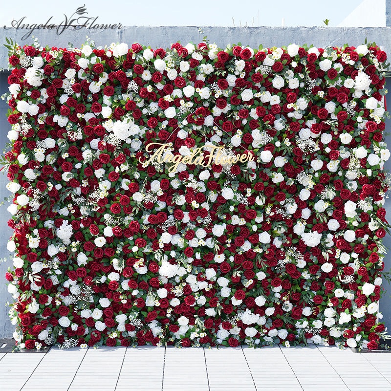 A7776 5D Red White Rose Green Leaf Wedding Decor Roll Up Cloth Floral Wall