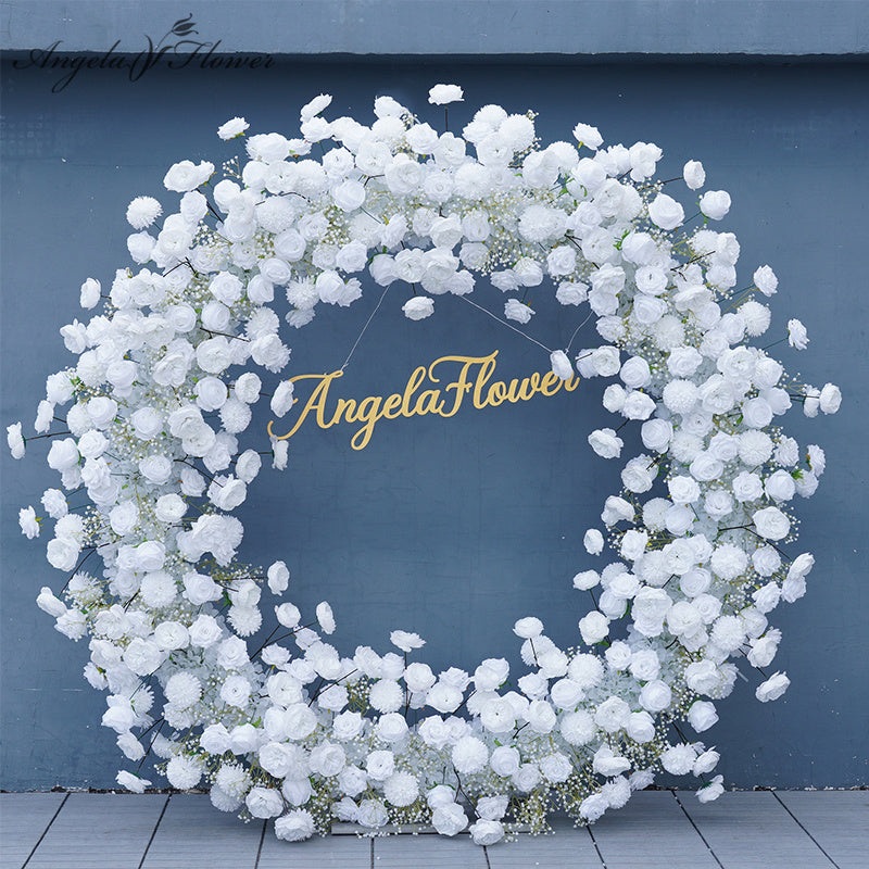 A7777 White Rose Babysbreath Pompom Floral Row Runner Welcome Sign Flower