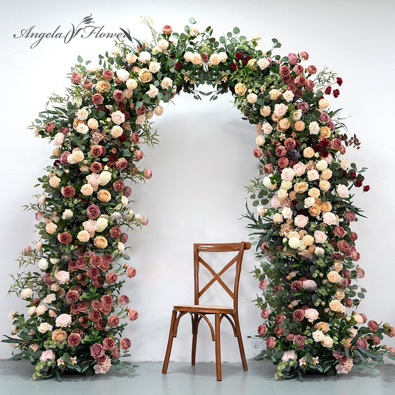 A7768 Coffee Champagne Rose Greenery Decor Floral Row Wedding Backdrop Arch