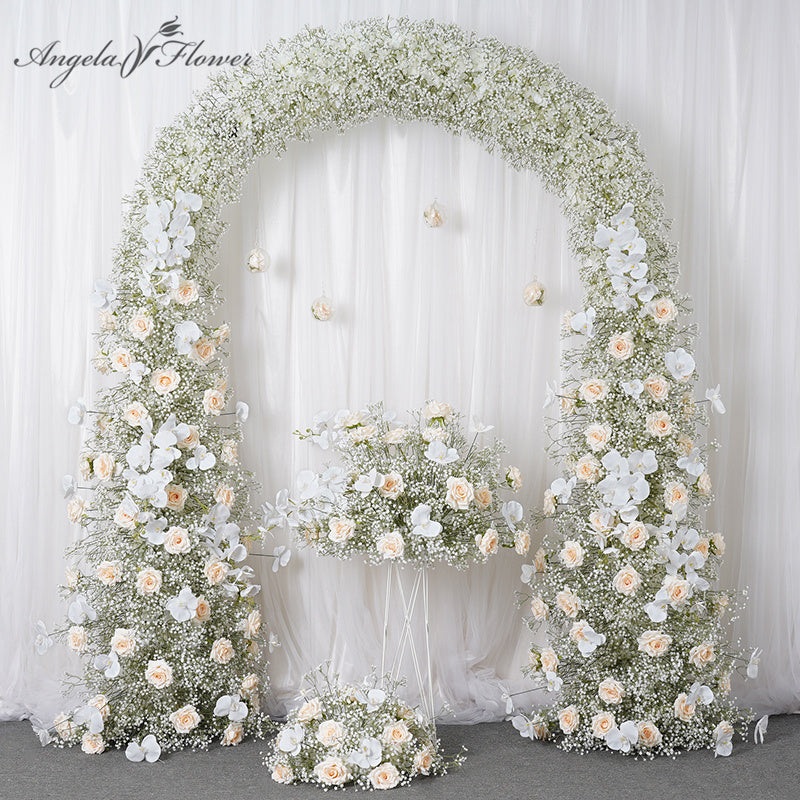 A7788 Champagne Rose White Babysbreath Orchid Floral Arrangement Decor