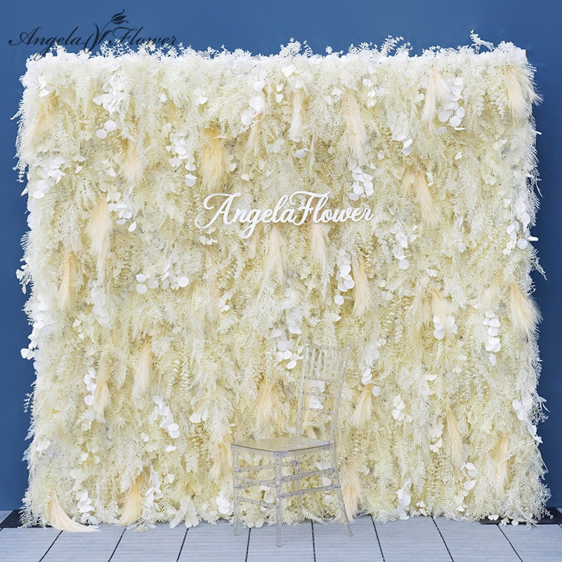 A7794 Feather Pampas Grass Apple Leaf Champagne Ivory Cloth Flower Wall