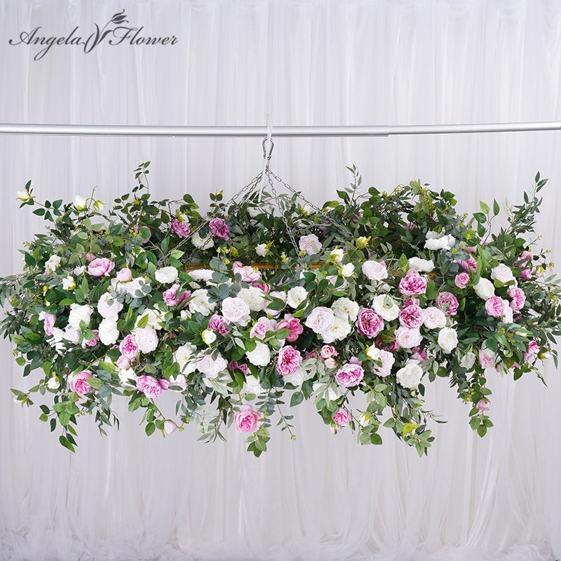 A7795 Green Plants Leaves Pink White Flower Row Runner Decor Wedding Ceiling Round Arch Hanging Hoop Frame