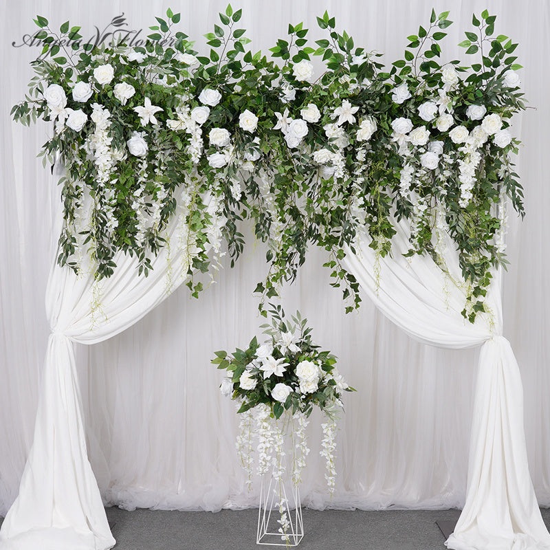 A7799 White Rose Green Leaves Hanging Floral Arrangement Wedding Background
