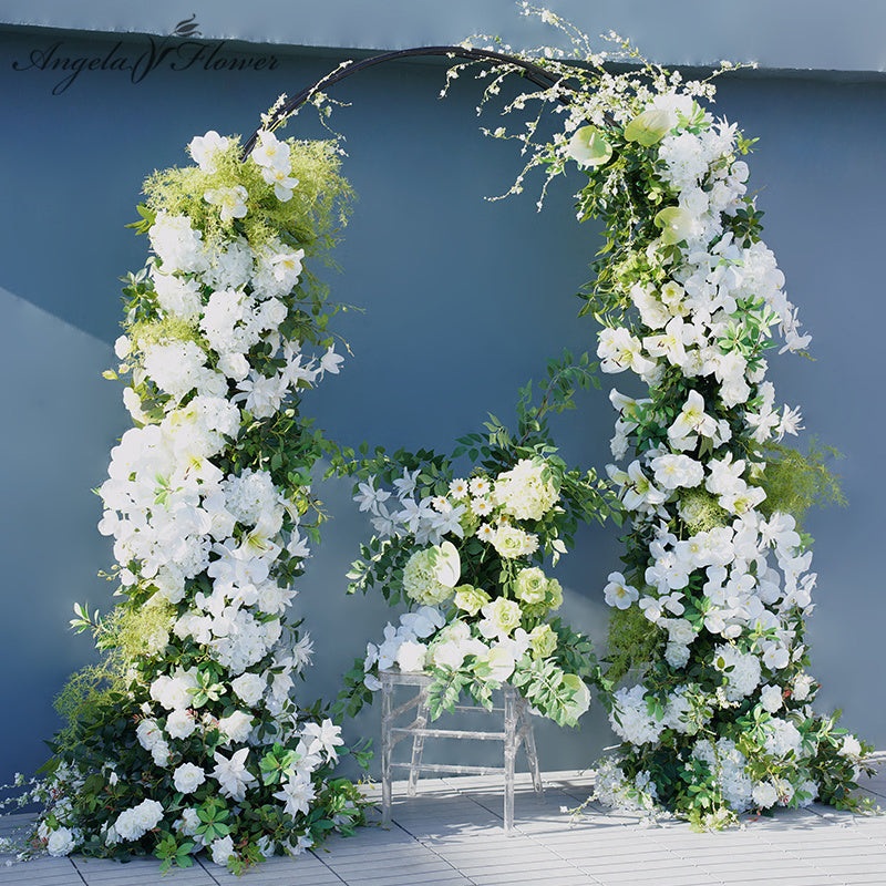 A7840 White Rose Green Leaves Flower Row Decor Wedding Backdrop Horn Arch