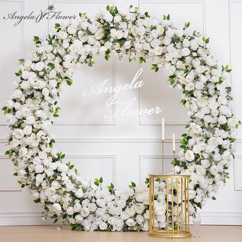 A7855 White Rose Flower Row Runner Decor Wedding Backdrop Round Arch