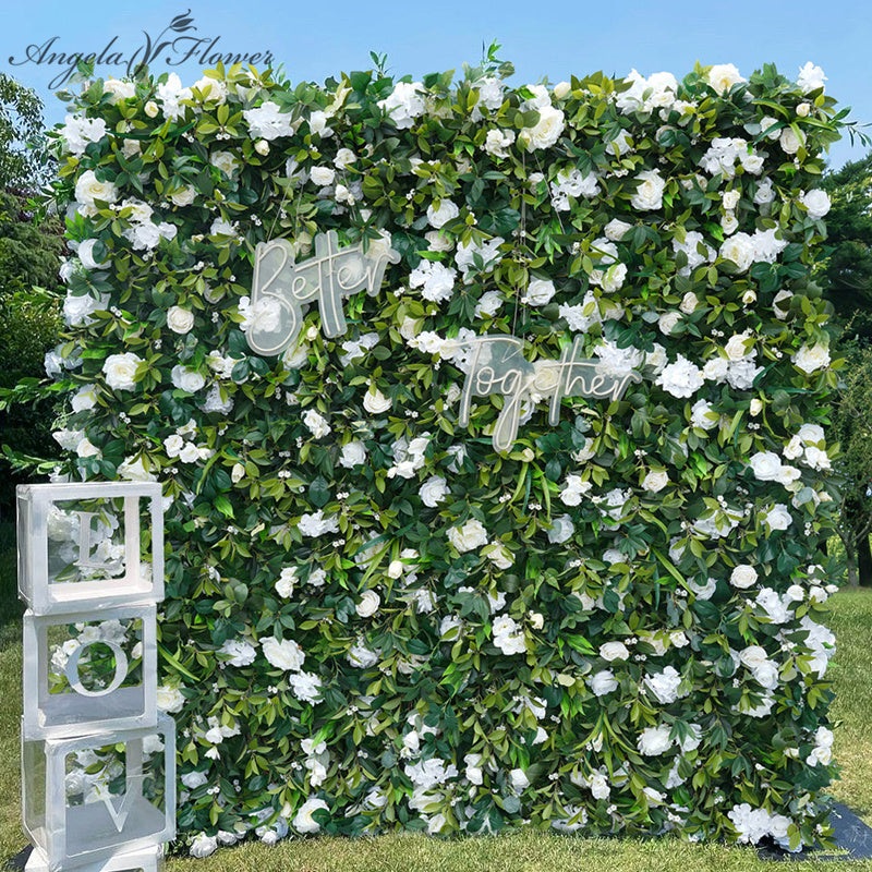 A7857 Green Real Touch Leave White Rose Rolling Up Cloth Fabric Flower Wall