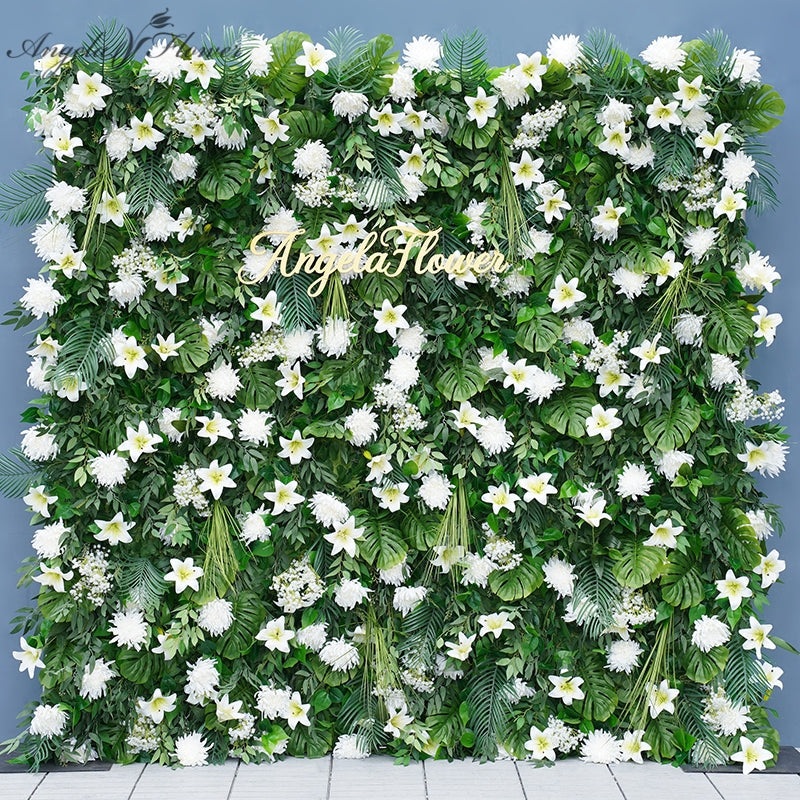 A8106 White Lily Green Palm Leaf Wedding Backdrop Decor 5D Cloth Flower Wall