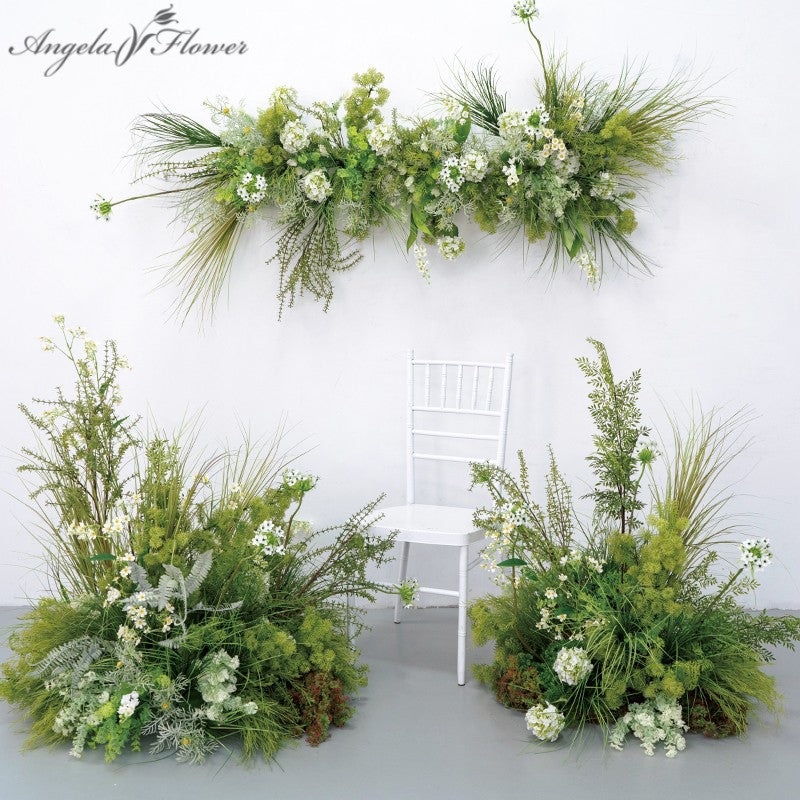 A8116 Mori Outdoor Wedding Backdrop Hydrangea Fern Green Plants Grass Floor Flower Row