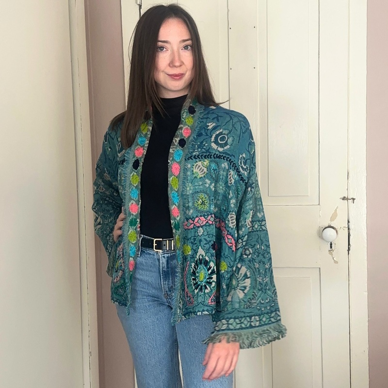 Camellia Floral Jacquard Kimono – Marine Blue