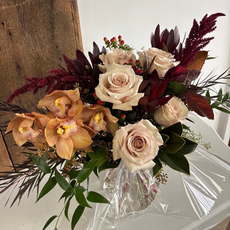 Hand-tied Bouquet (no vase)-Exquisite & Fancy & Pretty-soft pastel & bright & cheery & rich jewel tones & seasonal