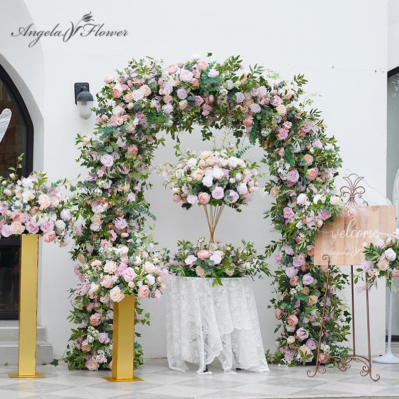 A8812 Wedding Wackground Frame Arch Decorated With Pink Rose Greenery Floral Arrangement