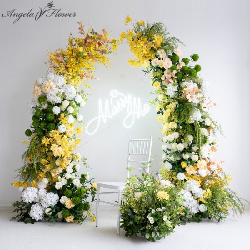 Yellow Green Plant Vine Lily Wedding Backdrop Horn Arch Deco Floral Arrangement