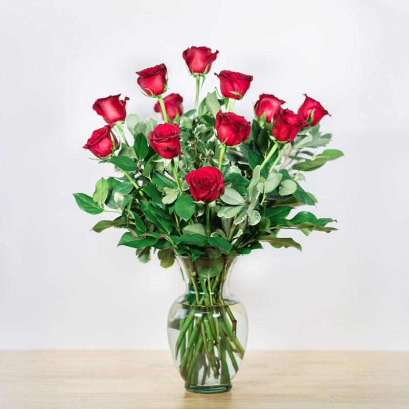 1 Dozen Red Roses Arranged-Crystal Vase & None & Baby’s Breath Filler & Baby’s Breath Filler & Crystal Vase
