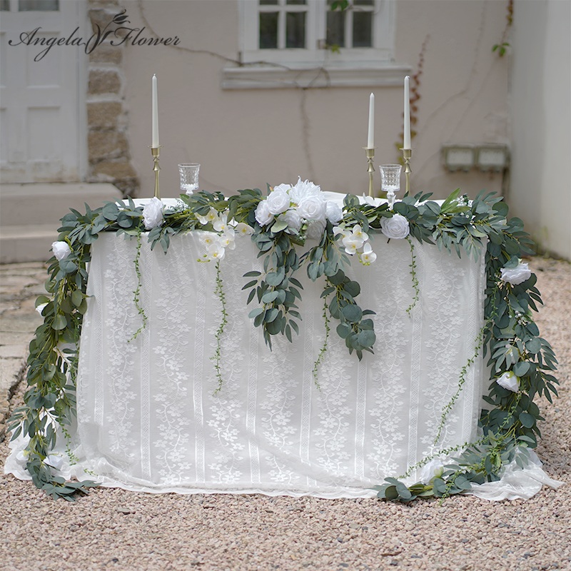 A8624 White Rose Greenery Flower Rattan Table Flower Wedding Props