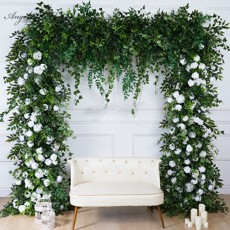 A8629 White Rose Green Leaf Floral Row Decor Wedding Backdrop Square Frame