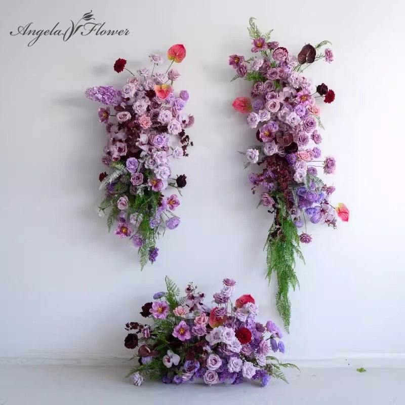 Purple Rose Green Leaf Hang Flower Row Decor Wedding Backdrop Frame Stage