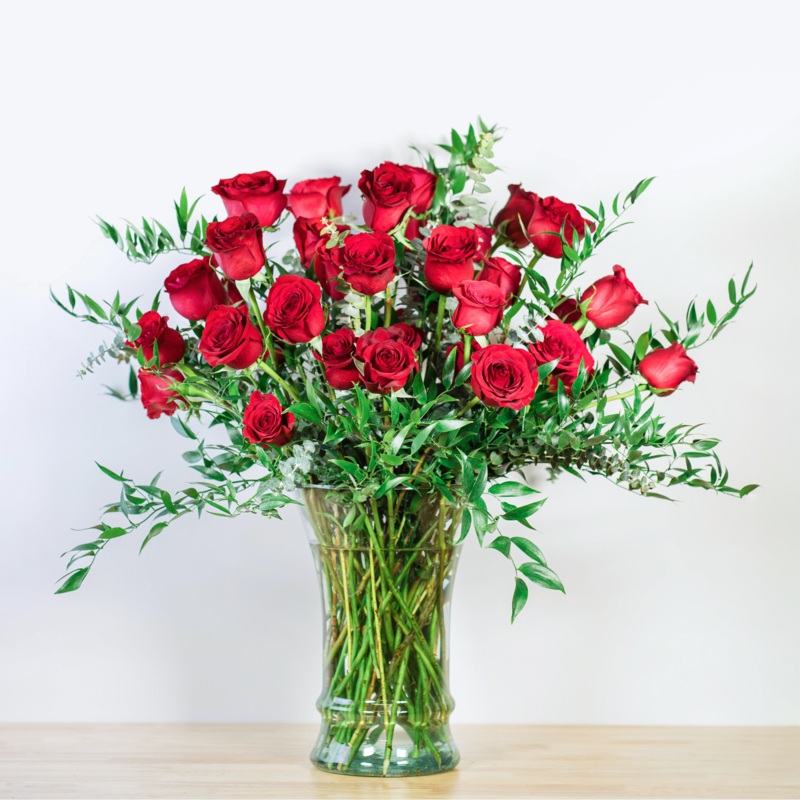 T&H Curated Roses-1 Dozen & 1 1/2 Dozen & 2 Dozen & 3 Dozen & 4 Dozen-None & Wax Flower & Crystal Vase & Wax Flower and Crystal Vase