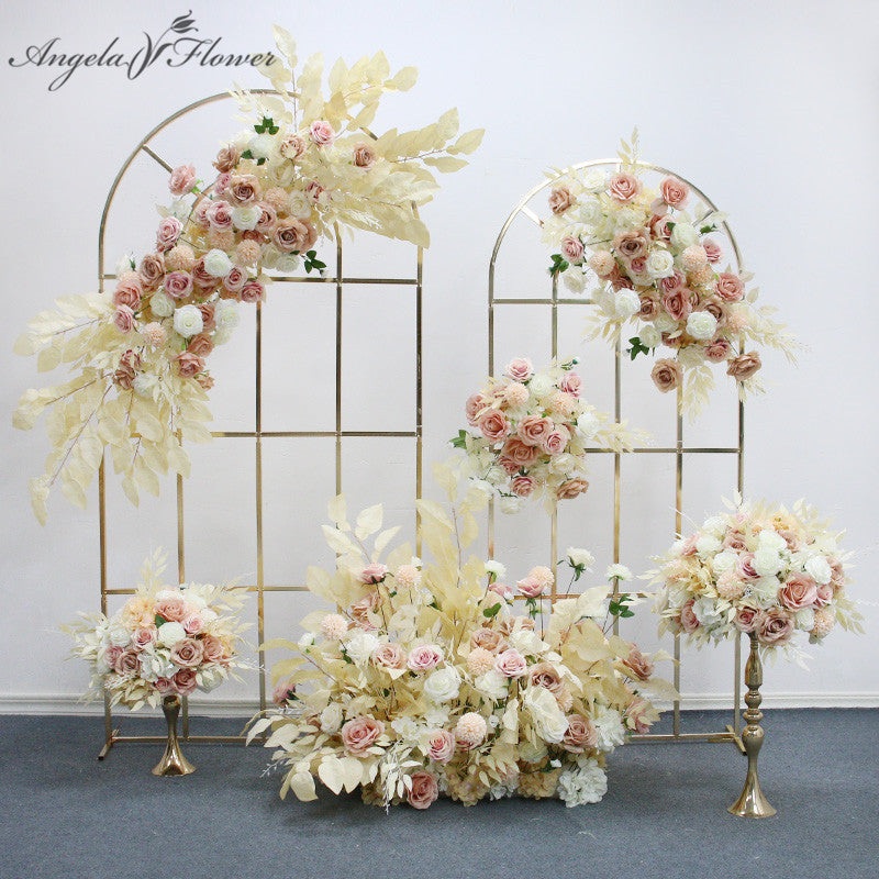 A756 A7434 Champagne Pink Flower Row Wedding Table Centerpiece Floral Ball