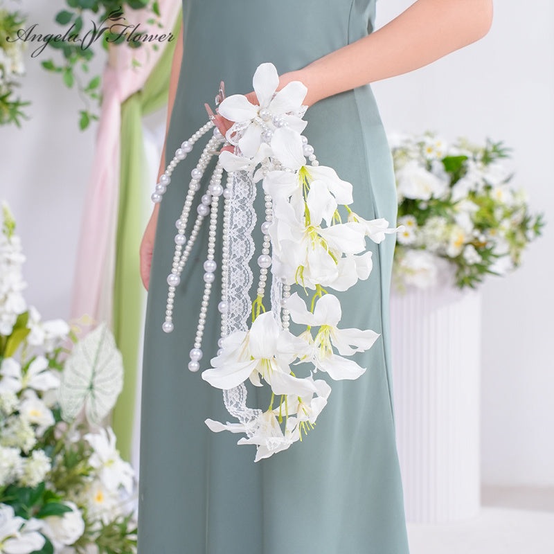 A869702 White Orchid Pearl Bridesmaid Bridal Flower Bouquet Wedding Event Supplies