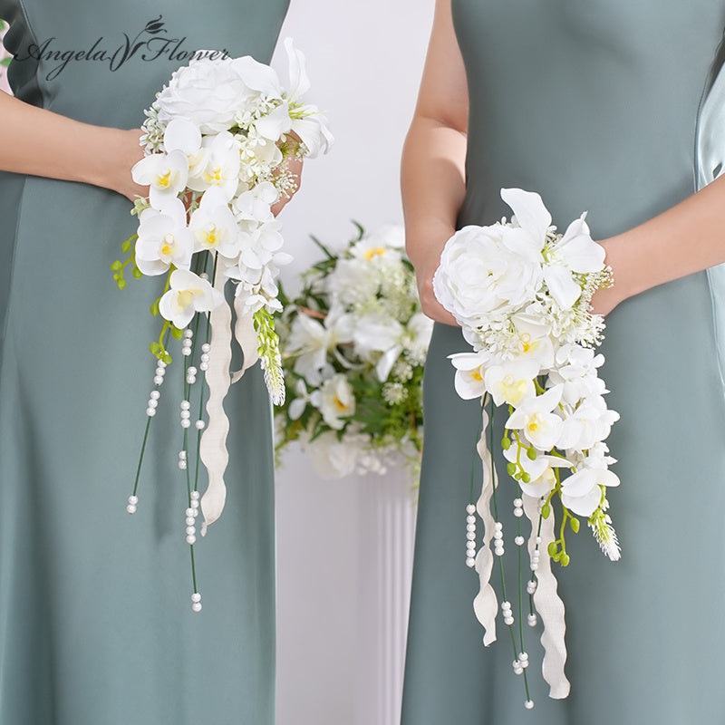 A869703 White Orchid Pearl Bridesmaid Flower Bouquet Wedding Event Supplies