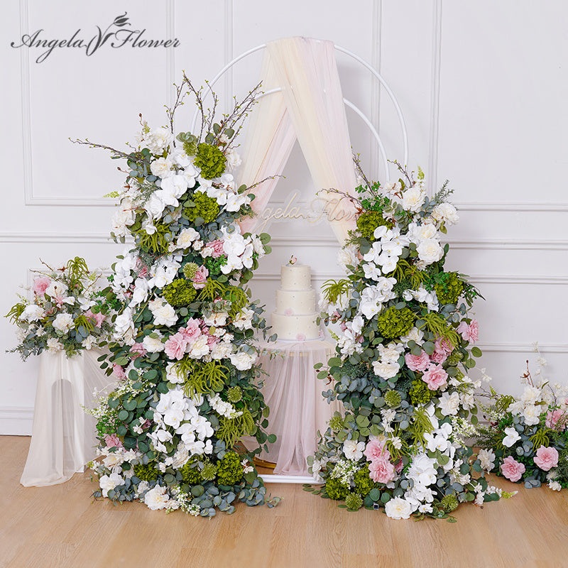 A8714 White Orchid Greenery Wisteria KT Board Floral Row Arrangement Decor Horn Arch Frame Wedding Backdrop