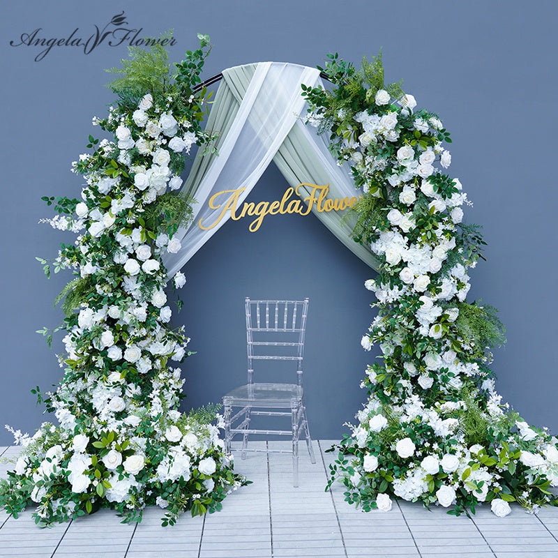 A8717 White Rose Greenery Floral Arrangement Decor Horn Arch Frame Wedding Backdrop
