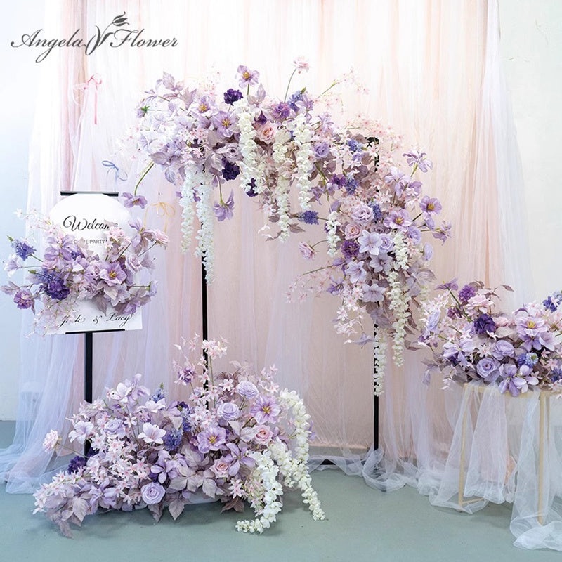 Purple Rose Wisteria Hanging Flower Row Decor Wedding Backdrop Floor Floral Row Arrangement Table