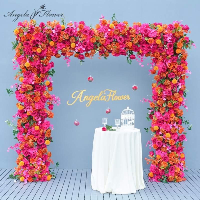 A8807 Hot Pink Orange Rose Flower Row Decor Wedding Backdrop Square Frame