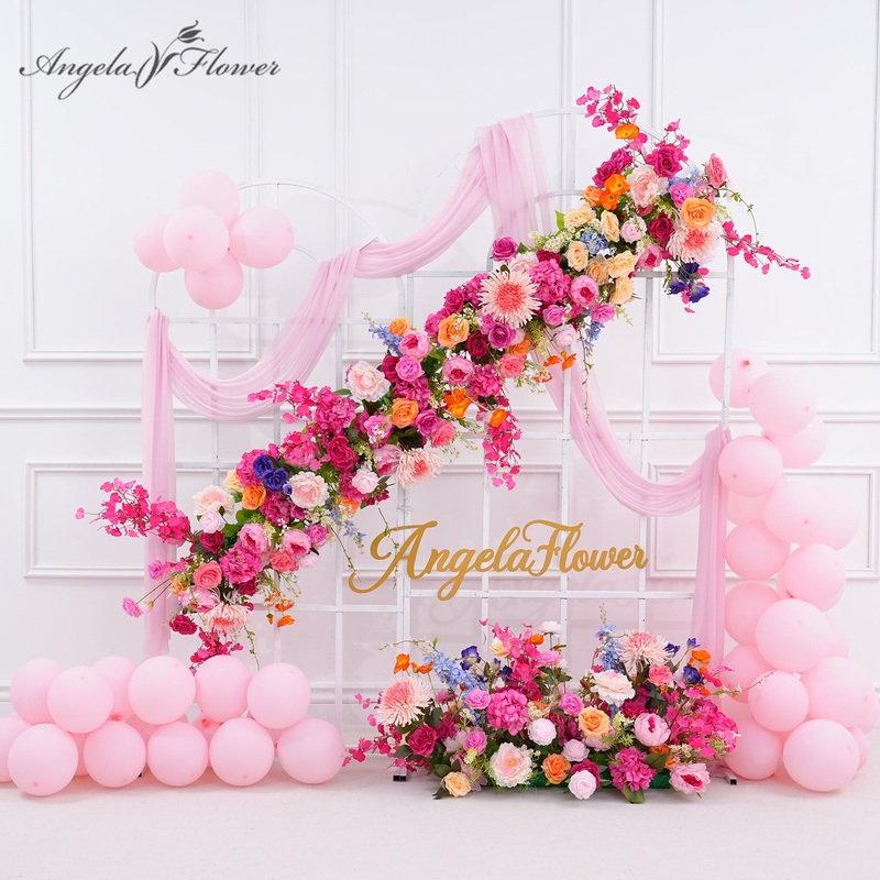 A8808 Hot Pink Flower Row Wedding Backdrop Table Runner Floor Floral Arrangement