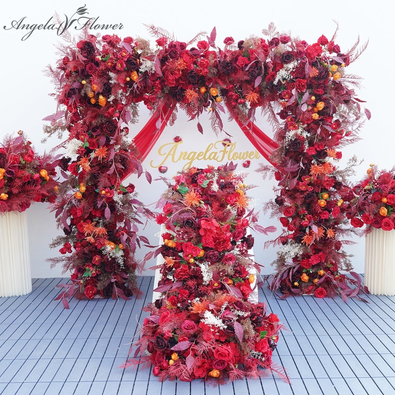 A8809 Burgundy Red Rose Flower Row Runner Square Frame Wedding Backdrop Arrangement
