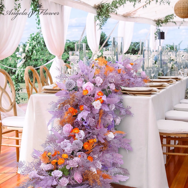 A8810 Purple Rose Leaves Orange Flower Table Sofa Runner Wedding Decor Props