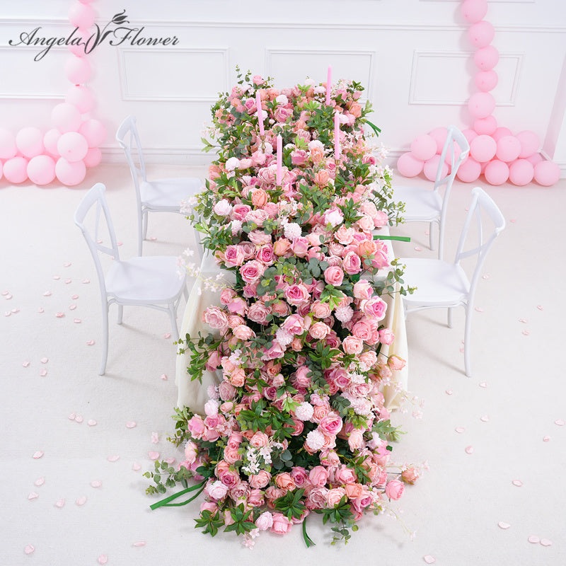 A8811 Pink Rose Greenery Table Sofa Runner Flower Row Cloth Base Wedding Arrangement