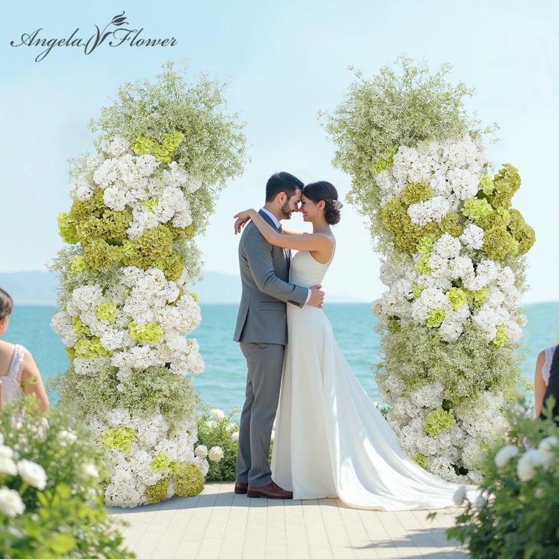 A8814 White Green Hydrangea Baby’s Breath Flower Row Decor Wedding Backdrop Horn Arch