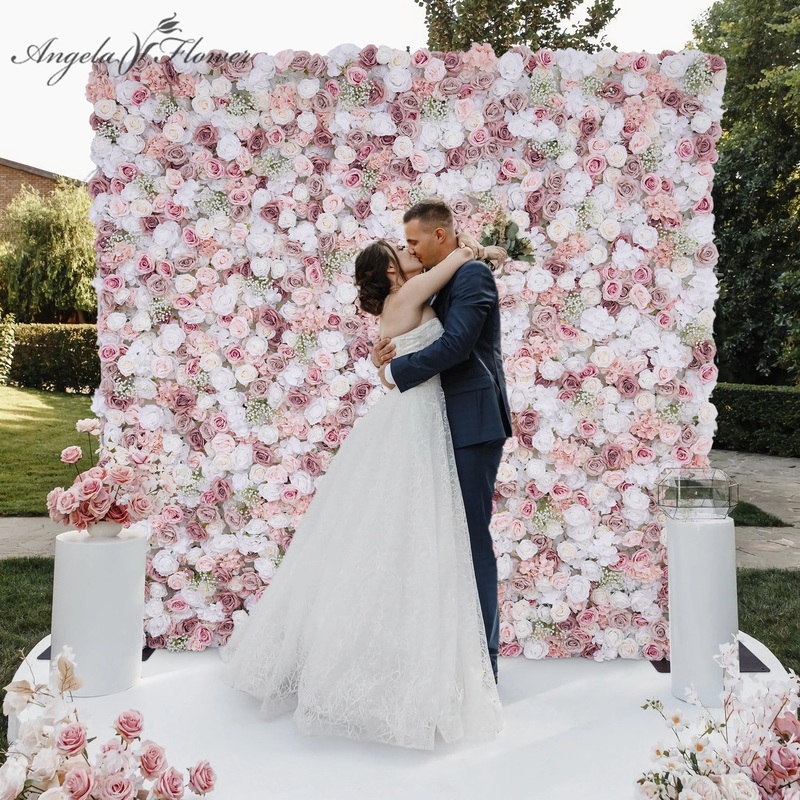 A8819 Bean Paste Pink Rose White Babysbreath 5D Cloth Flower Wall Wedding Backdrop Props